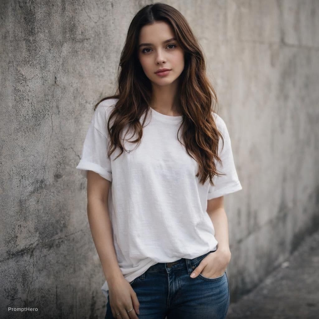 AI generated: A woman with long brunette hair and fair skin is captured in a candid moment. She's wearing a very l...
