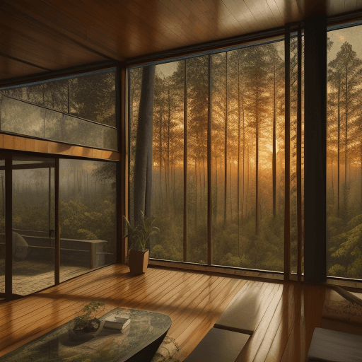 AI generated: a oil painting of a beautiful house where walls are made of windows in mid-century modern style at s...