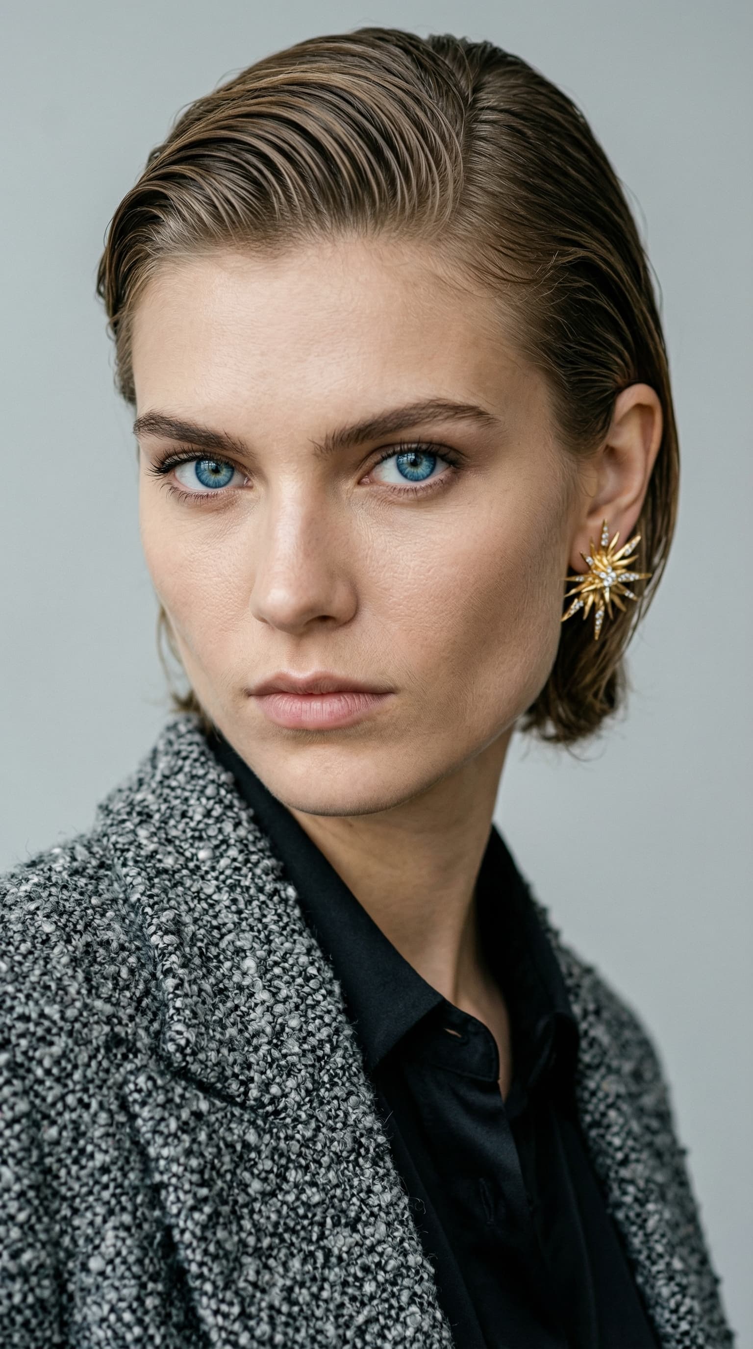 AI generated: (Nano Banana 2) High-end fashion editorial portrait of a female model with sharp features and pierci...