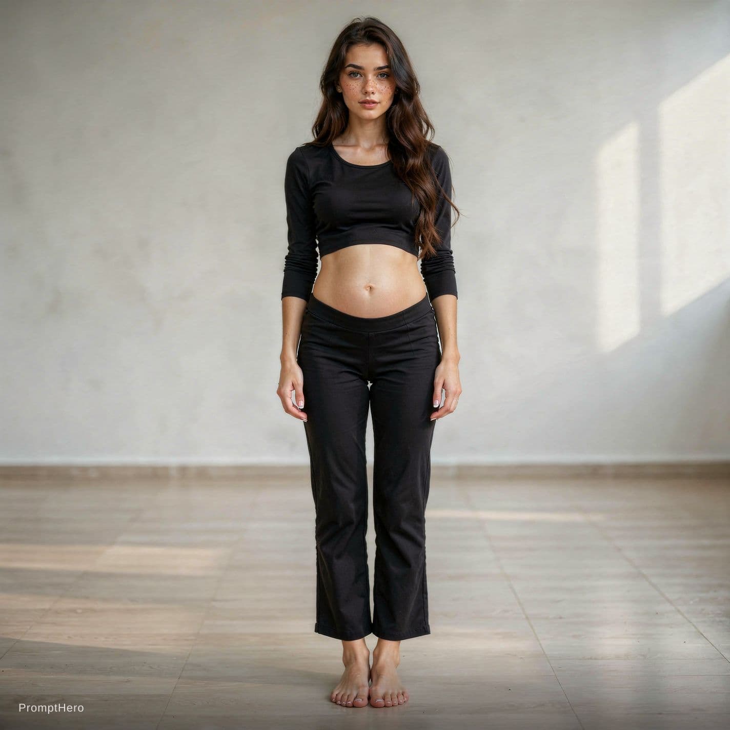 AI generated: full-body image with a clear view from head to shoes of a gorgeous Indoor portrait of a 20 years old...