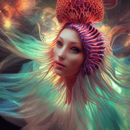AI generated: Goddess close-up portrait ribcagel. jellyfish phoenix head, nautilus, orchid, skull, betta fish, bio...