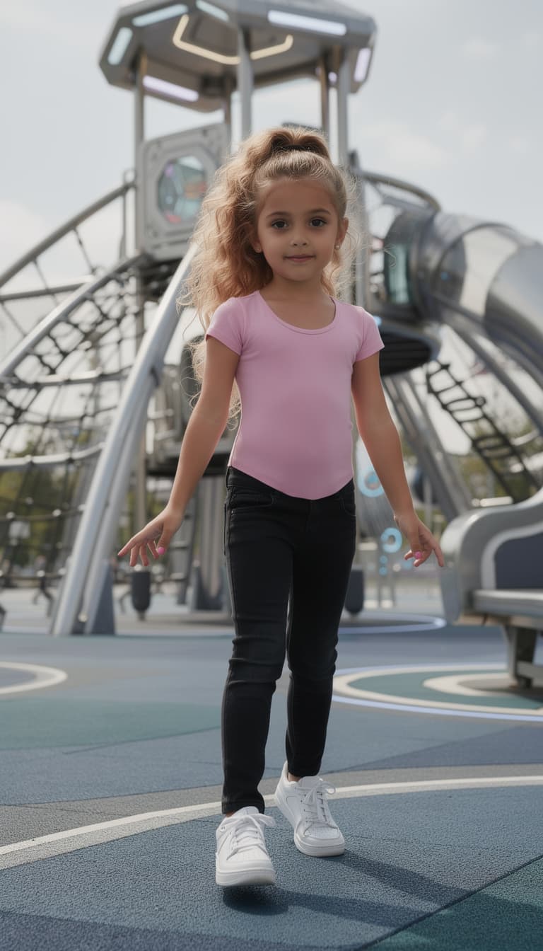 AI generated: a professional photo of a exceptionally beautiful girl in the world (age 9), Playing at a playground...