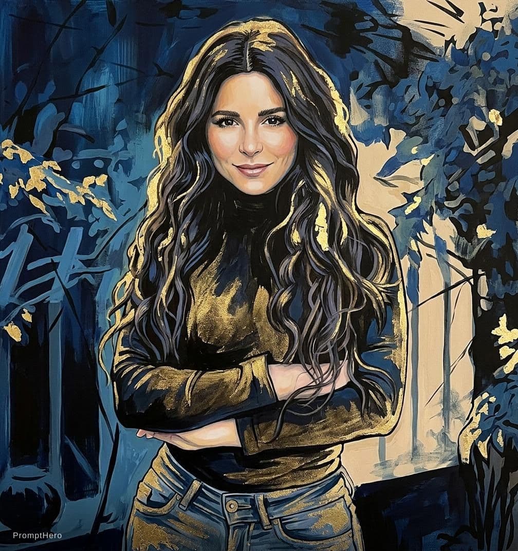 AI generated: a woman with long black hair in a gold painting, in the style of charlie bowater, dark blue and dark...