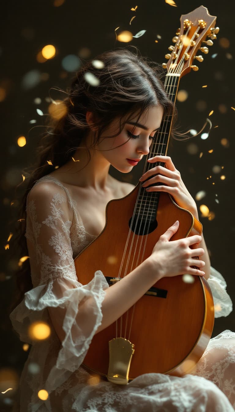 AI generated: An ultra-realistic photograph of a surreal fusion of human and instrument: a female mandolin, photog...