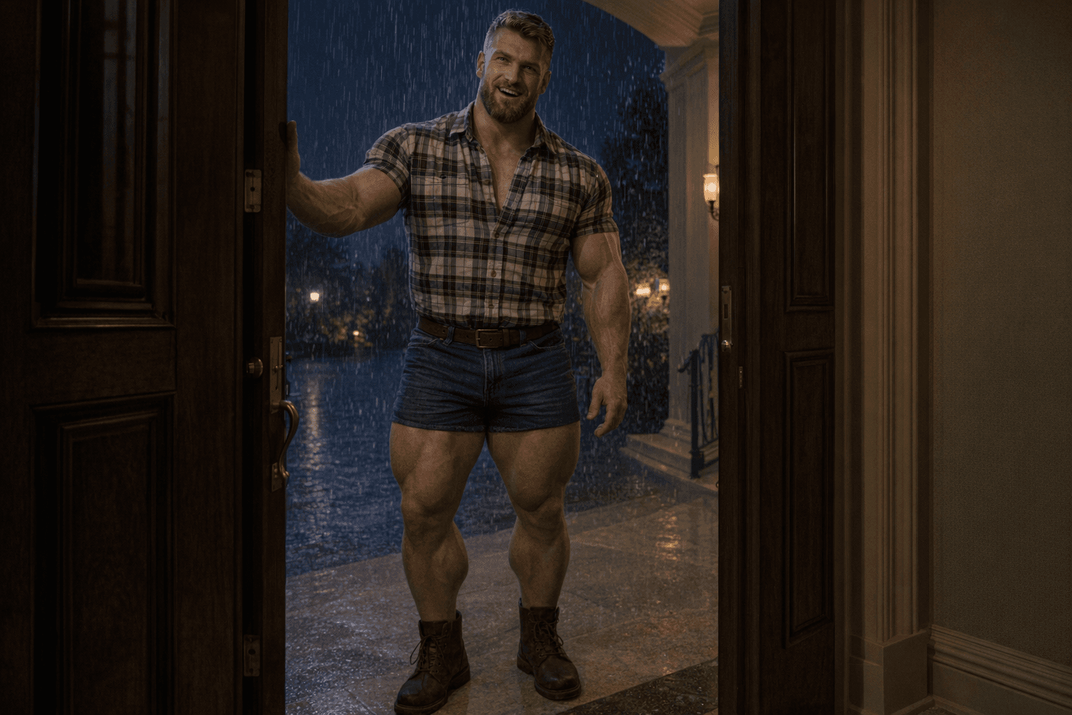 AI generated: At night. 
The bodybuilder is standing inside of a beautiful and elegant house at the main door, he ...
