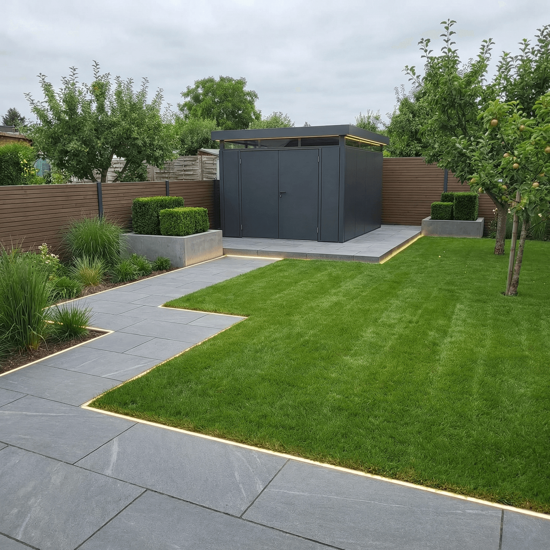 AI generated: Redesign this garden with a modern style, clean lines, green lawn, minimal plants, stone paths, and ...