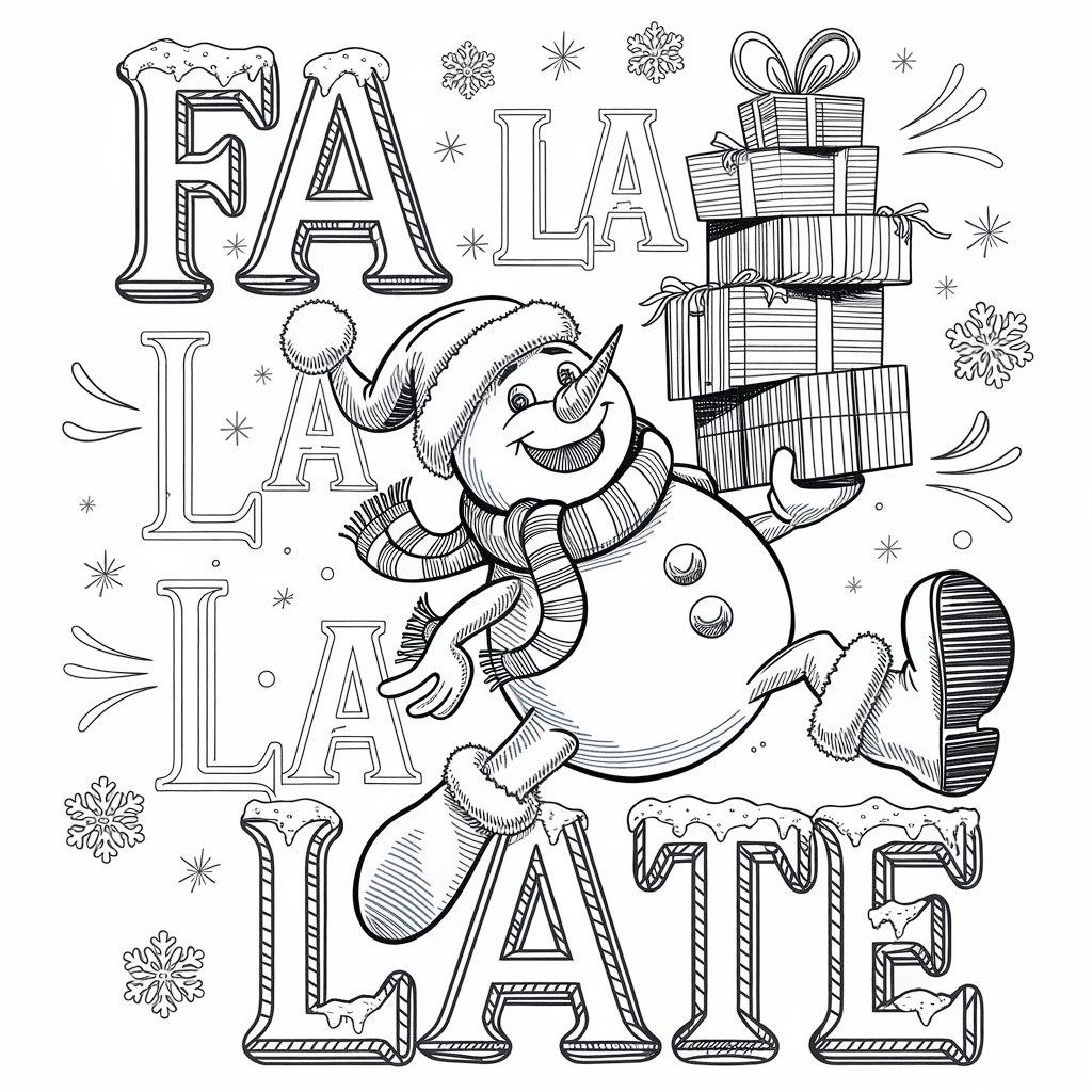AI generated: A coloring page design with the phrase "FA LA LA LA LATE" and a snowman in a frantic holiday rush. T...