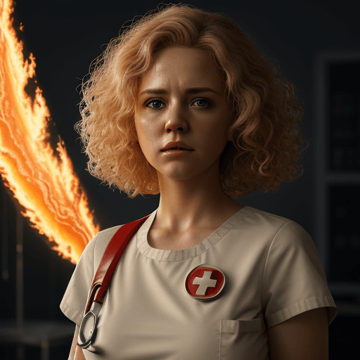 AI generated: Superhero, nurse, woman, surrounded by fire, nurse clothes, blonde curly hair. Photo of a ultra real...