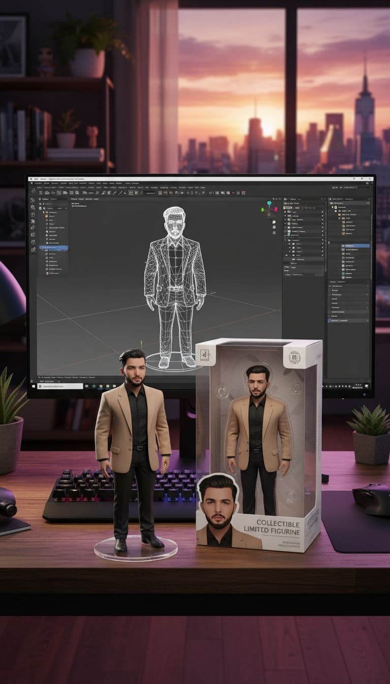 AI generated: Transforming the photographed person into a realistic 3D figurine in front of a computer desk. The c...