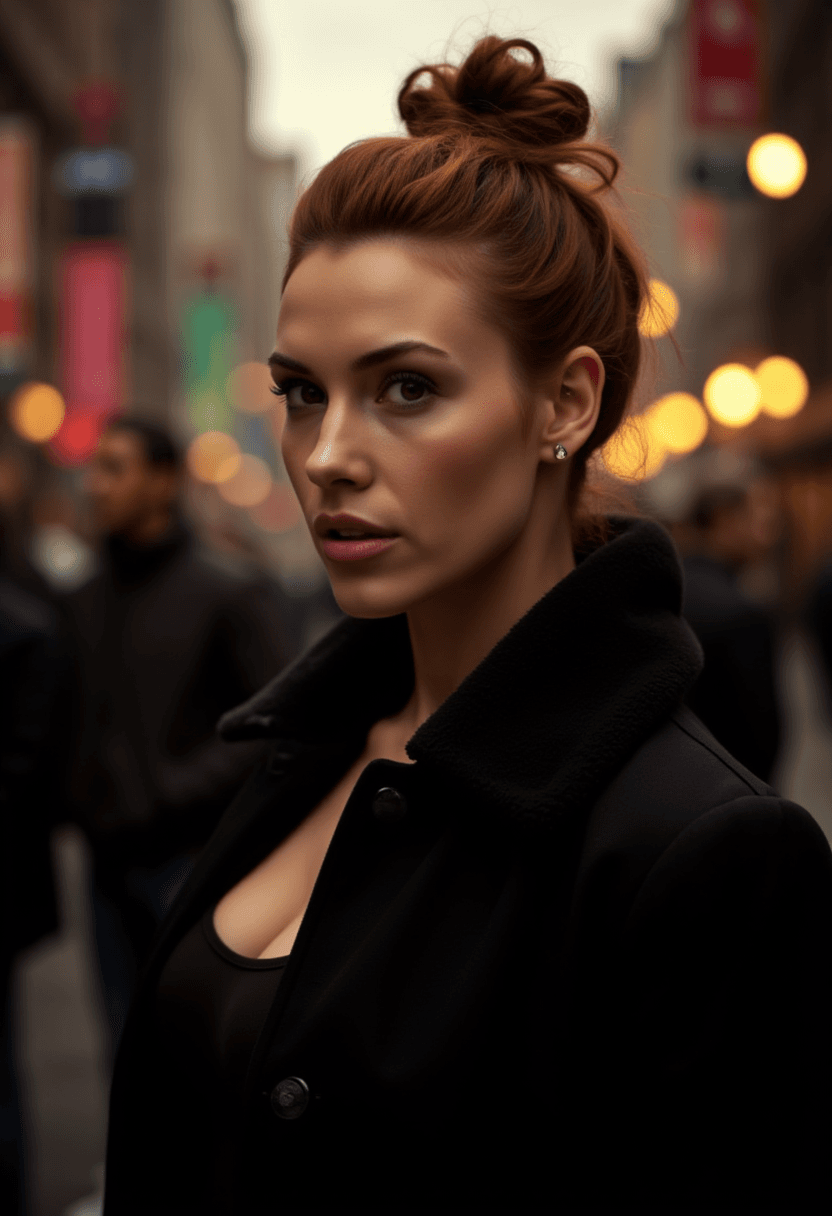AI generated: A woman with auburn hair in a messy updo, wearing a black collared jacket, stands on a bustling city...