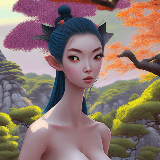 AI generated: mujer elfo, desnuda con pechos grandes, pezones detallados, cuerpo entero y perfecto, pelo con flequ...