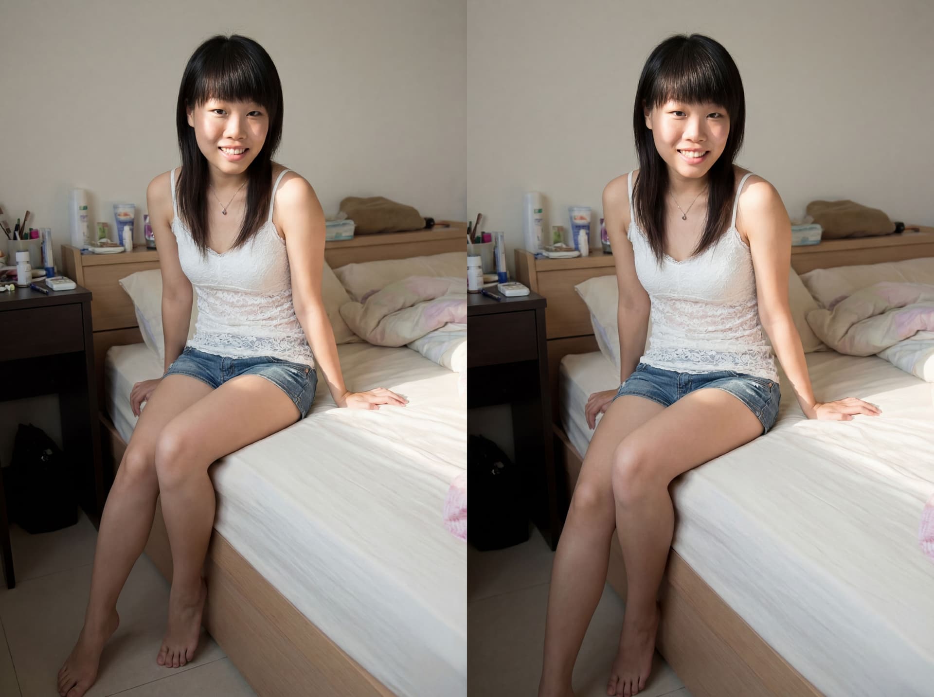 AI generated: this lady wearing white lace camisole and hot pants, sit on edge of bed. no shoes/socks. one foot on...