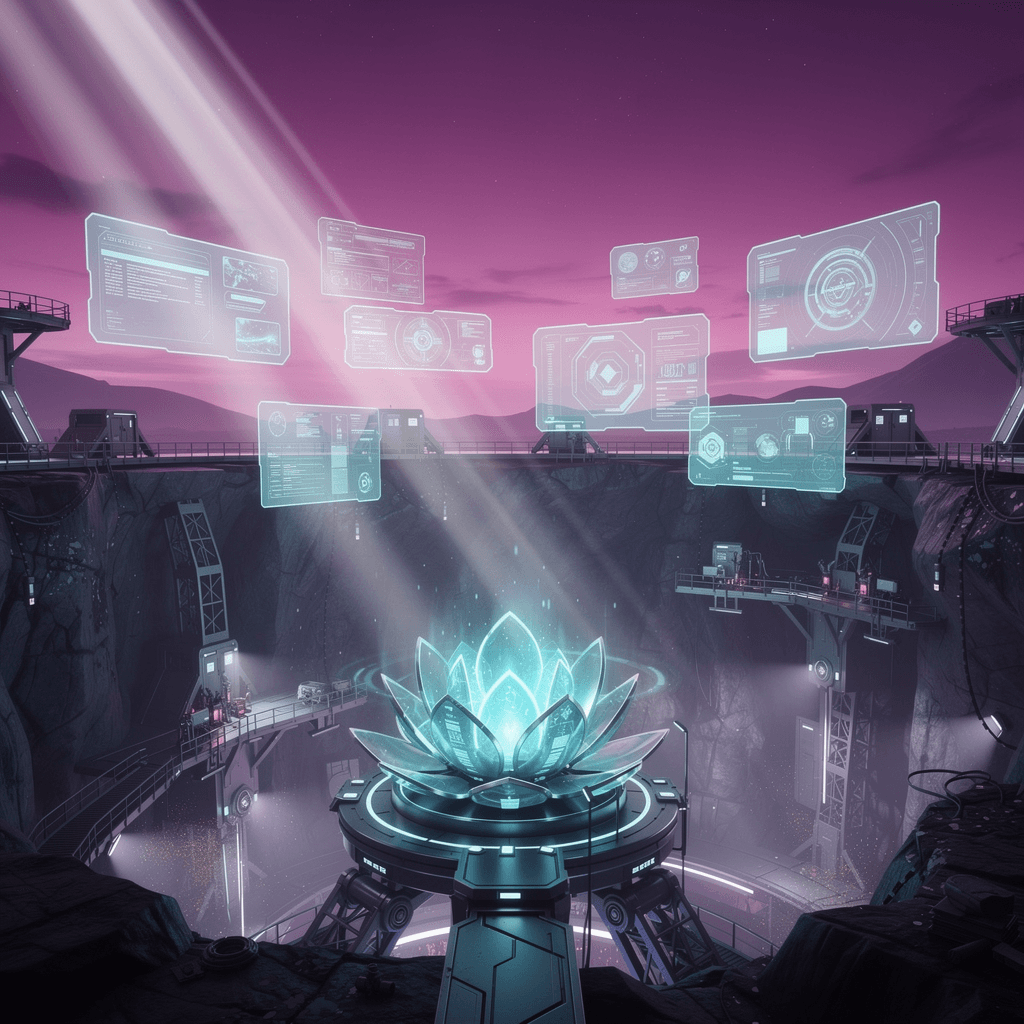 AI generated: holographic command center emerging from mine, panoramic view transitioning from 
underground to ele...