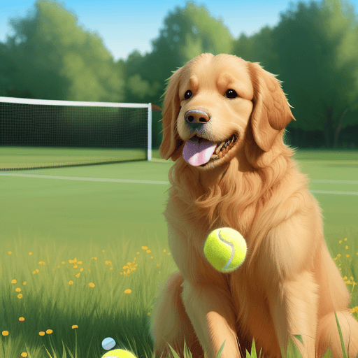 AI generated: Pixar cartoon style, golden retriever, sitting in field, eating tennis ball, realistic 