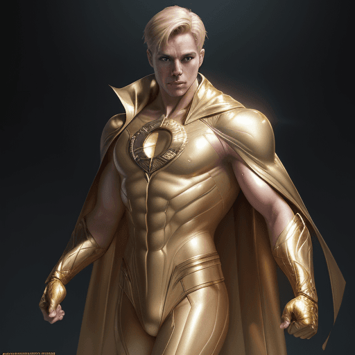 AI generated: male super hero named champion, short blond hair, no symbol, skin tight gold suit, gold cape, gold g...