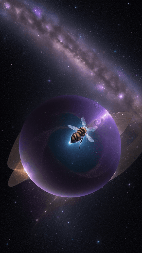 AI generated: {A honeybee floats in the darkness of space, its wings buzzing softly. The bee is surrounded by star...