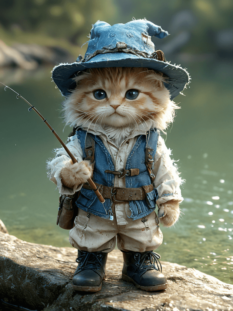 AI generated: a close up of a happy fluffy chibi kitten with boots and fishing outfit and hat and fishing at a lak...