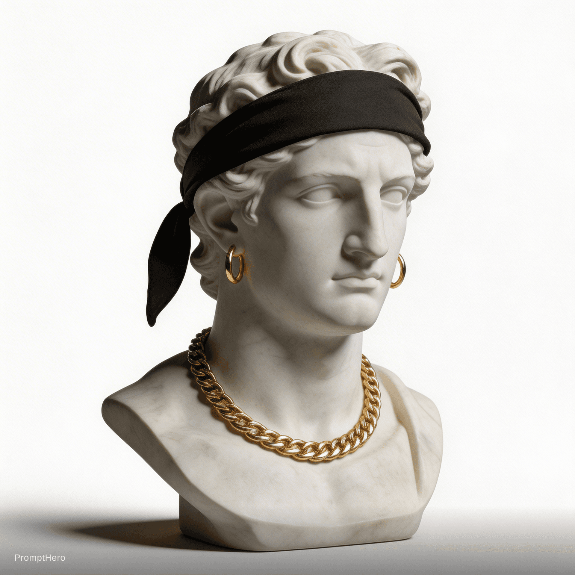 AI generated: Close-up of a marble Greek statue wearing a luxury streetwear bandana and gold jewelry, dramatic cin...