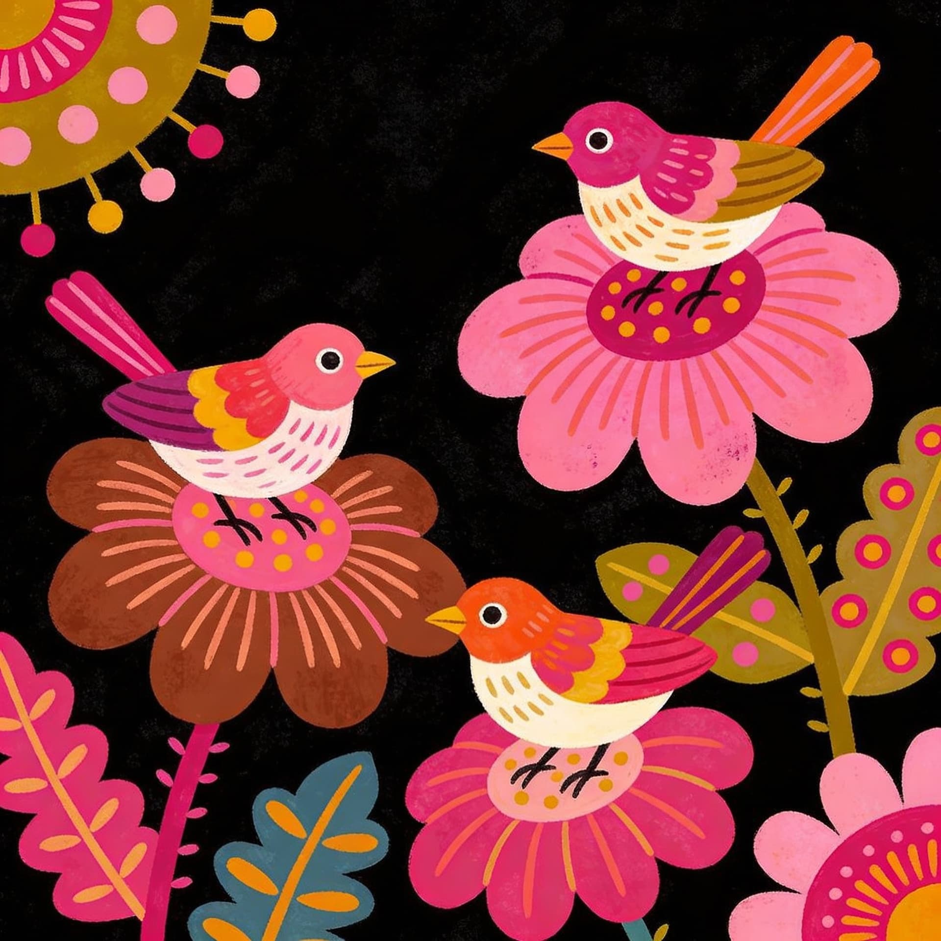 AI generated: little birds on black background, playful, whimsical illustration, bold colors, the helsinki school,...