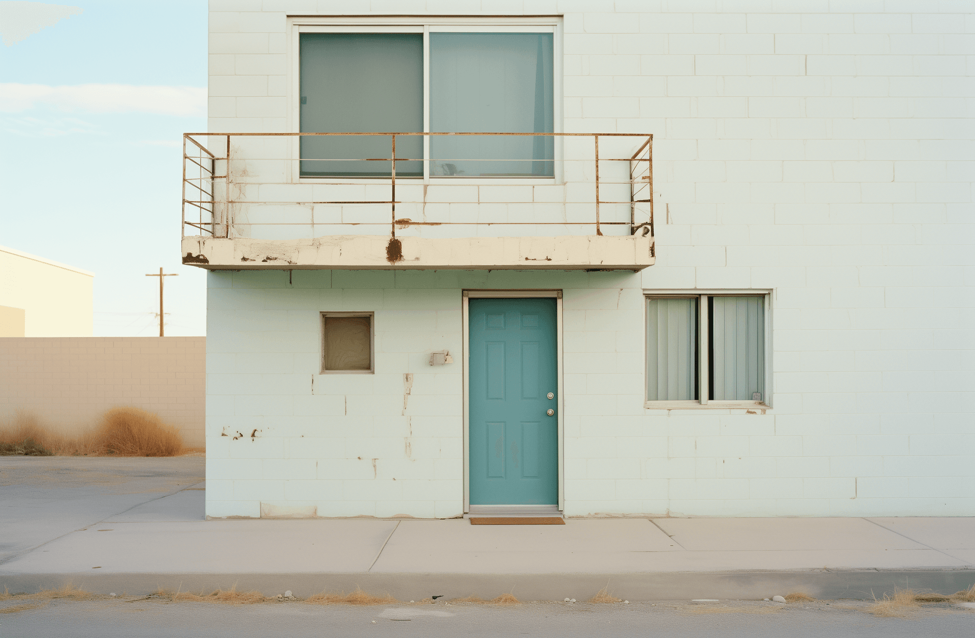 AI generated: A small white brick motel with blue door, in an abandoned parking lot on the side of the road in New...