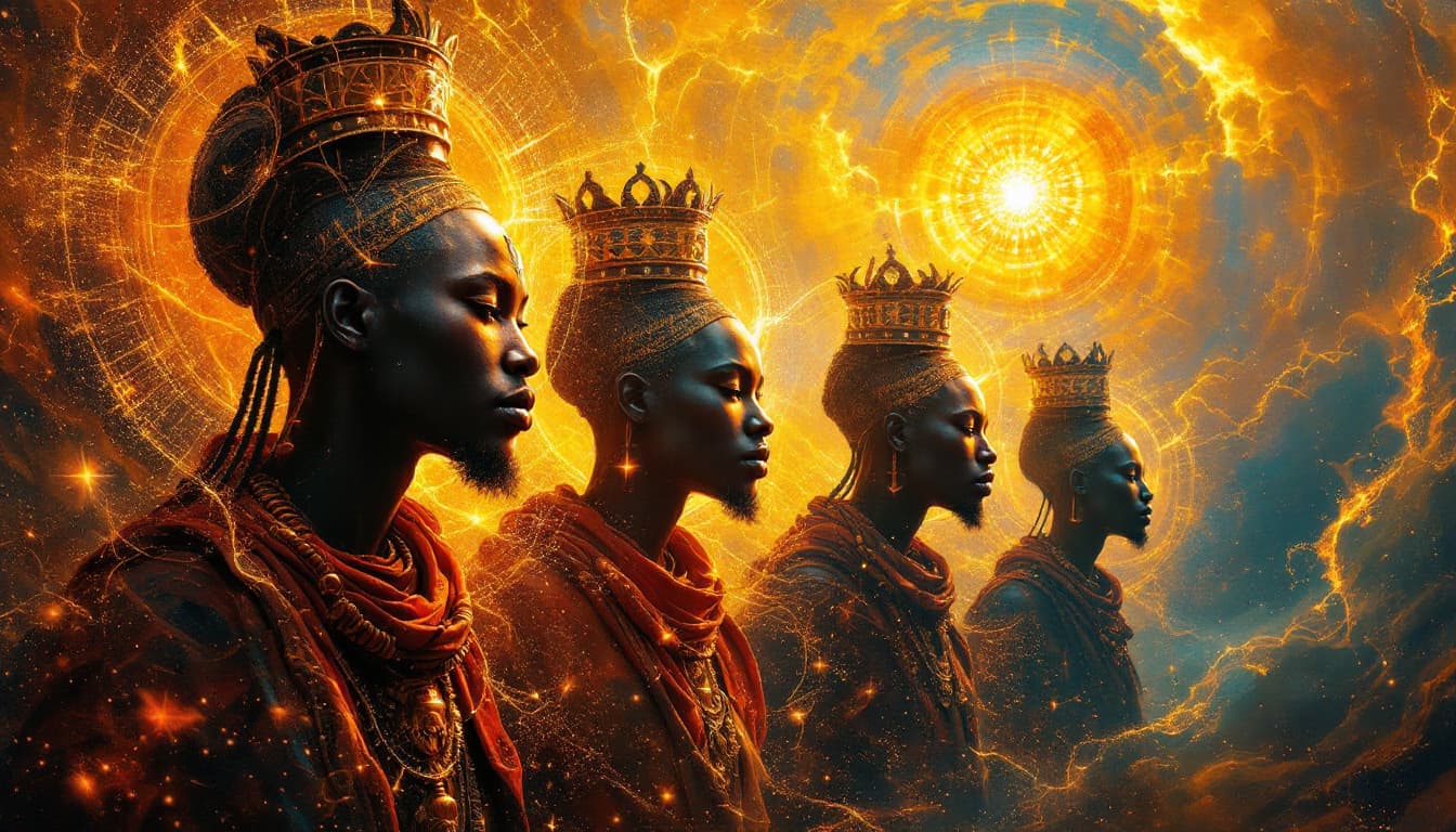 AI generated: four AFRICAN MAASAI gods surrounded by aN AFRICAN KENYAN MAASAI golden halon, in the style of realis...