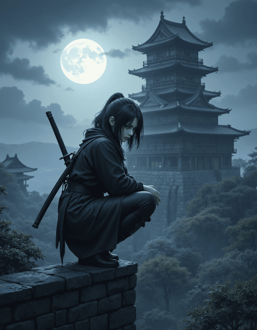 AI generated: a close up digital fantasy artwork featuring female ninja character squatting high on a japanese cas...