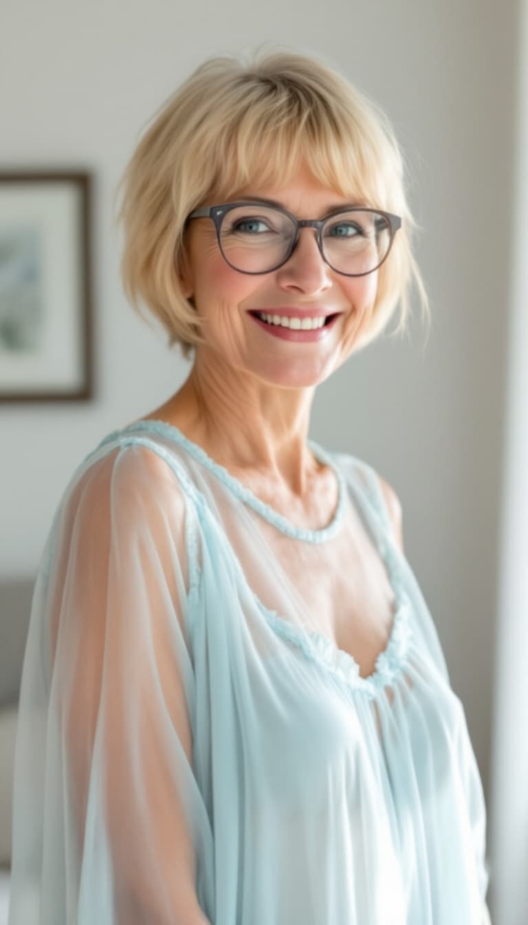 AI generated: Mature woman 60 years old, standing, full body, blonde short hair with bangs, glasses smile, transpa...