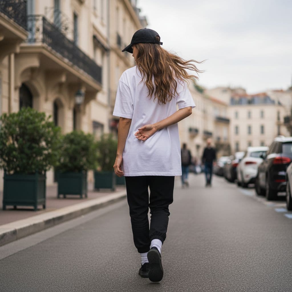 AI generated: photography, rear shot, woman, street fashion in Cannes road, wearing a black cap, over sized white ...