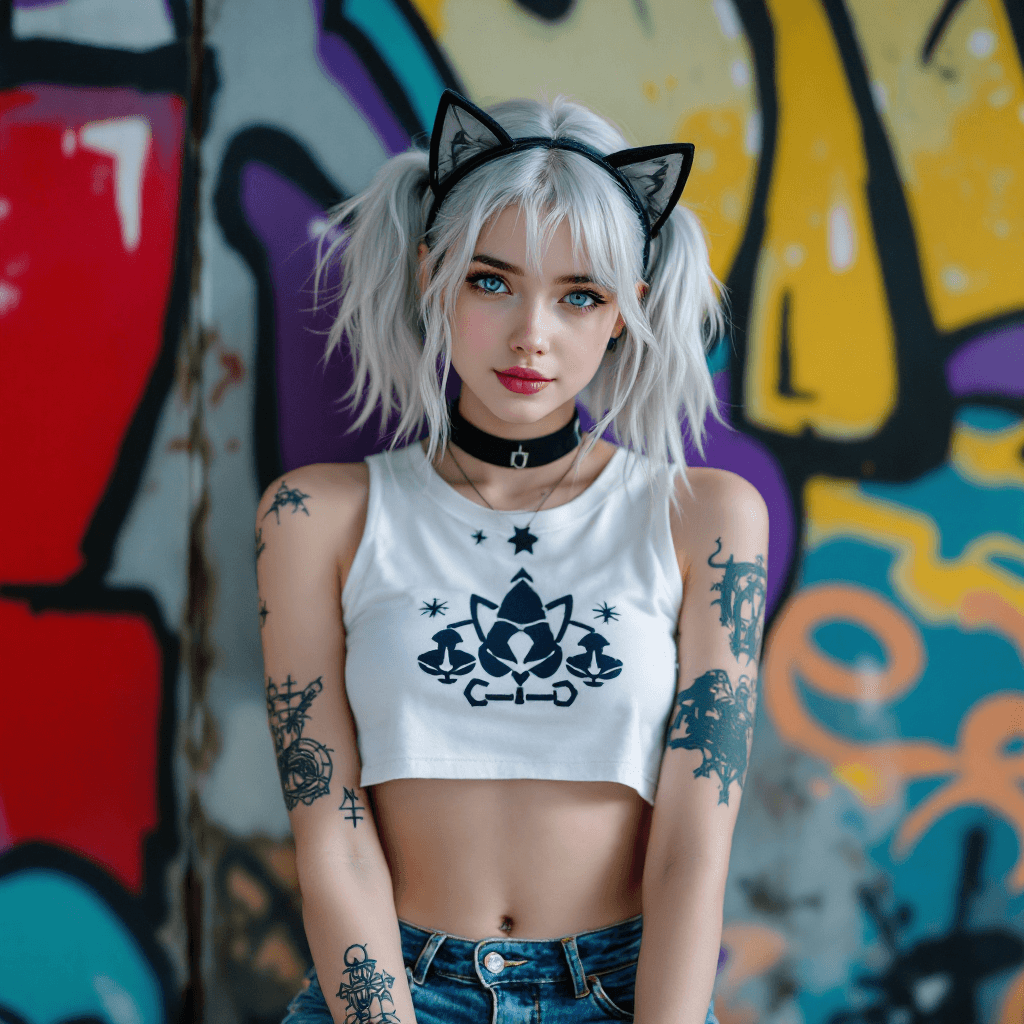 AI generated: A young, anime-styled woman with light skin and silver hair styled in twin tails adorned with black ...