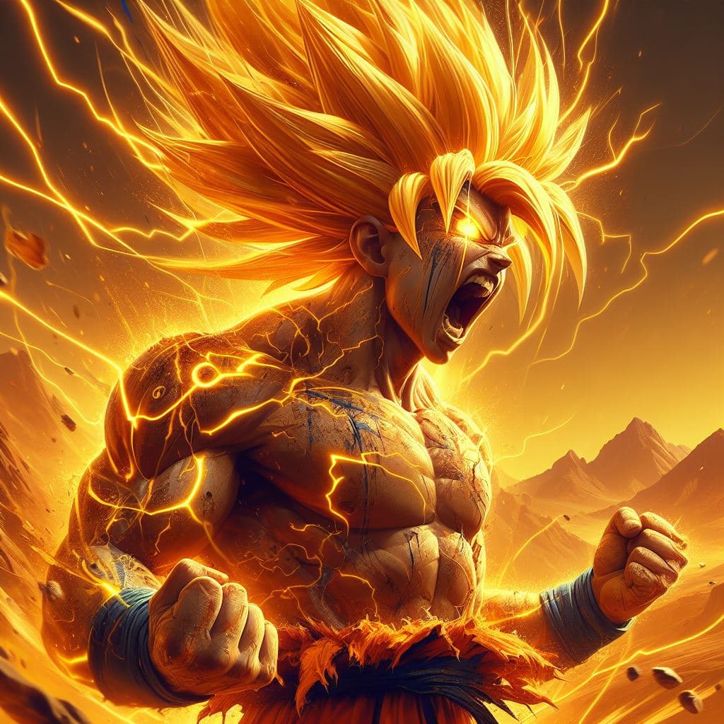 AI generated: a Goku like character, close up portrait, extra long yellow hair, fighting at war, extreme rage, ber...