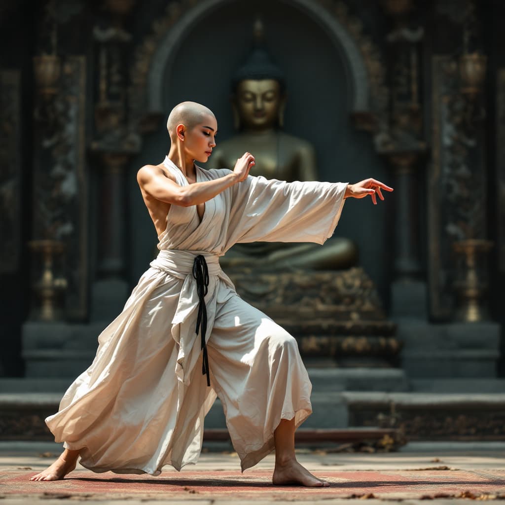 AI generated: Full body view of a bald beautiful asian woman, white band covering the chest, whithe skirt, barefoo...