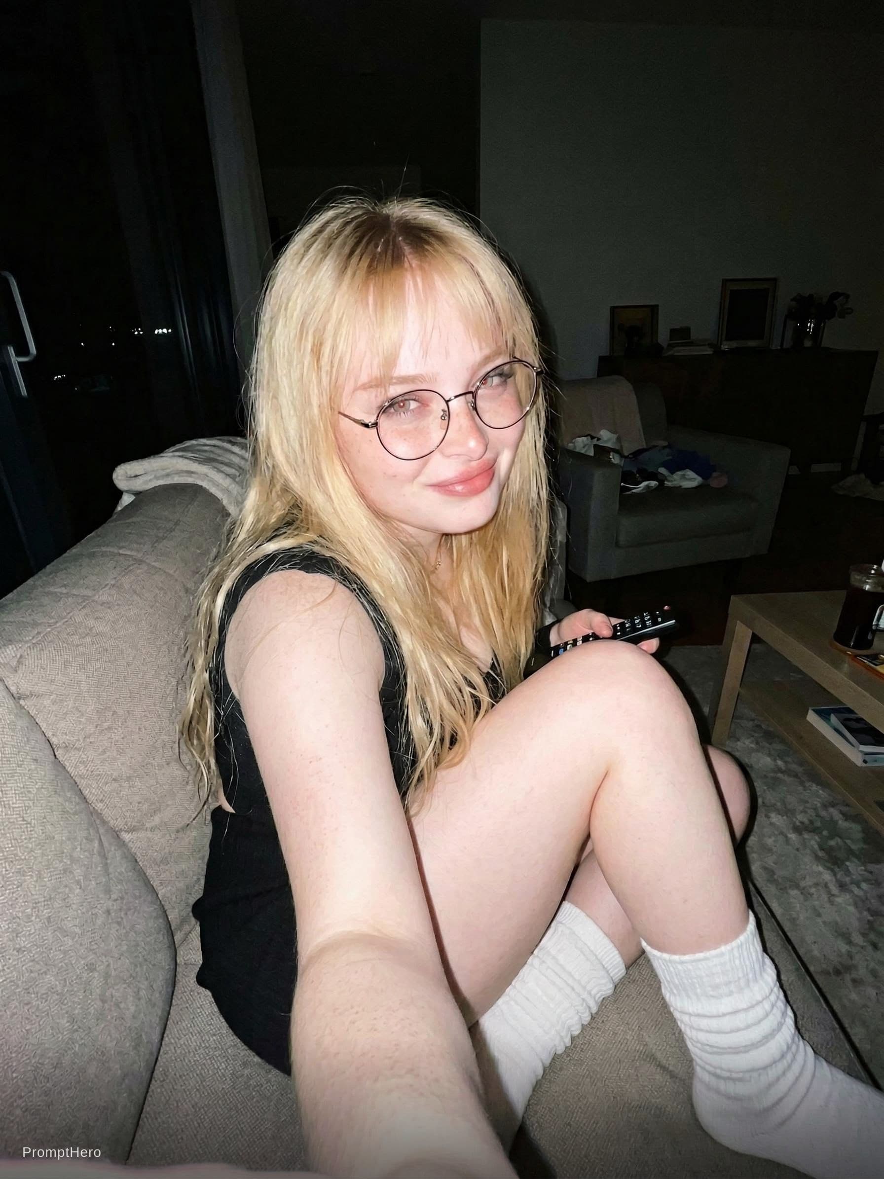 AI generated: looking at me,a sloppy snapshot. Sitting on a couch at night teasing, mini top and white socks, glas...