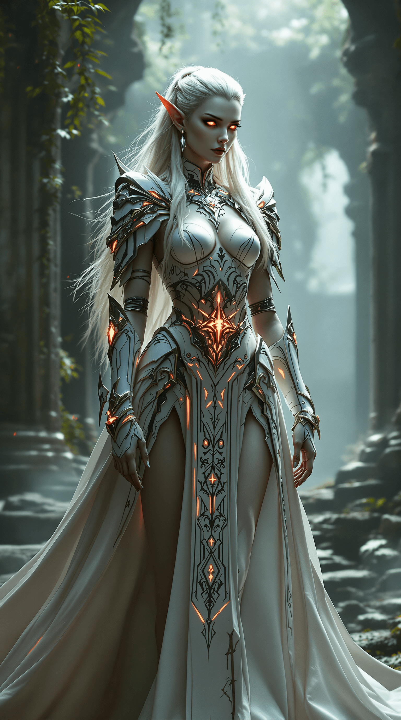 AI generated: The divine armor worn by the elven goddess Ines radiates sacred elegance twisted by shadow, perfect ...