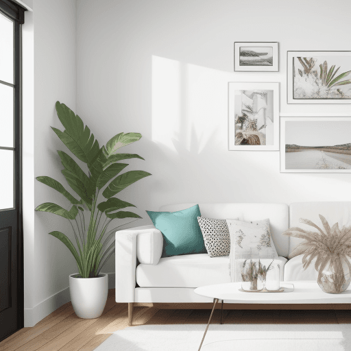 AI generated: Blank frame on white clean wall inside boho theme living room mockup
