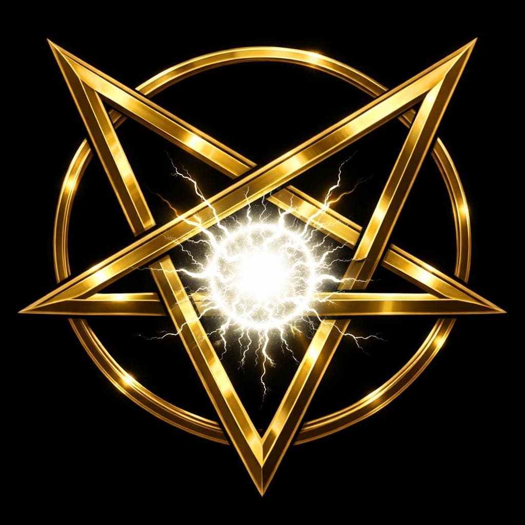 AI generated: Create a gold upside down pentagram with a ball of white energy in the center with a black backgroun...