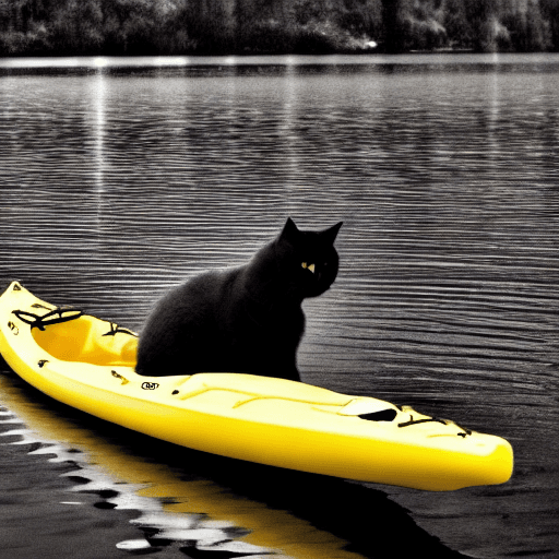 AI generated: black and white : : storm, night, 
 black cat in a yellow kayak : : --hd