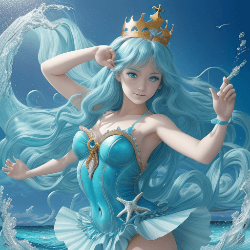 AI generated: A playful anime dancer from the sparkling ocean with a seashell crown and a dolphin hairpin at noon ...