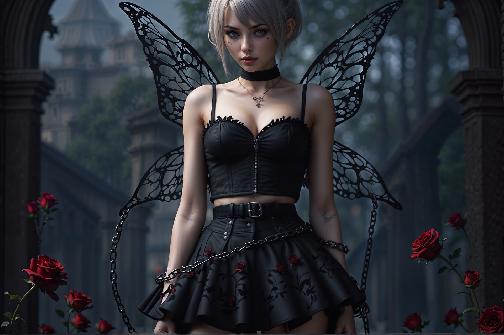 AI generated: a full body photo shot of a (gothic) punkrock, influenced by "Tinker Bell" with black ((Mesh-Metal))...