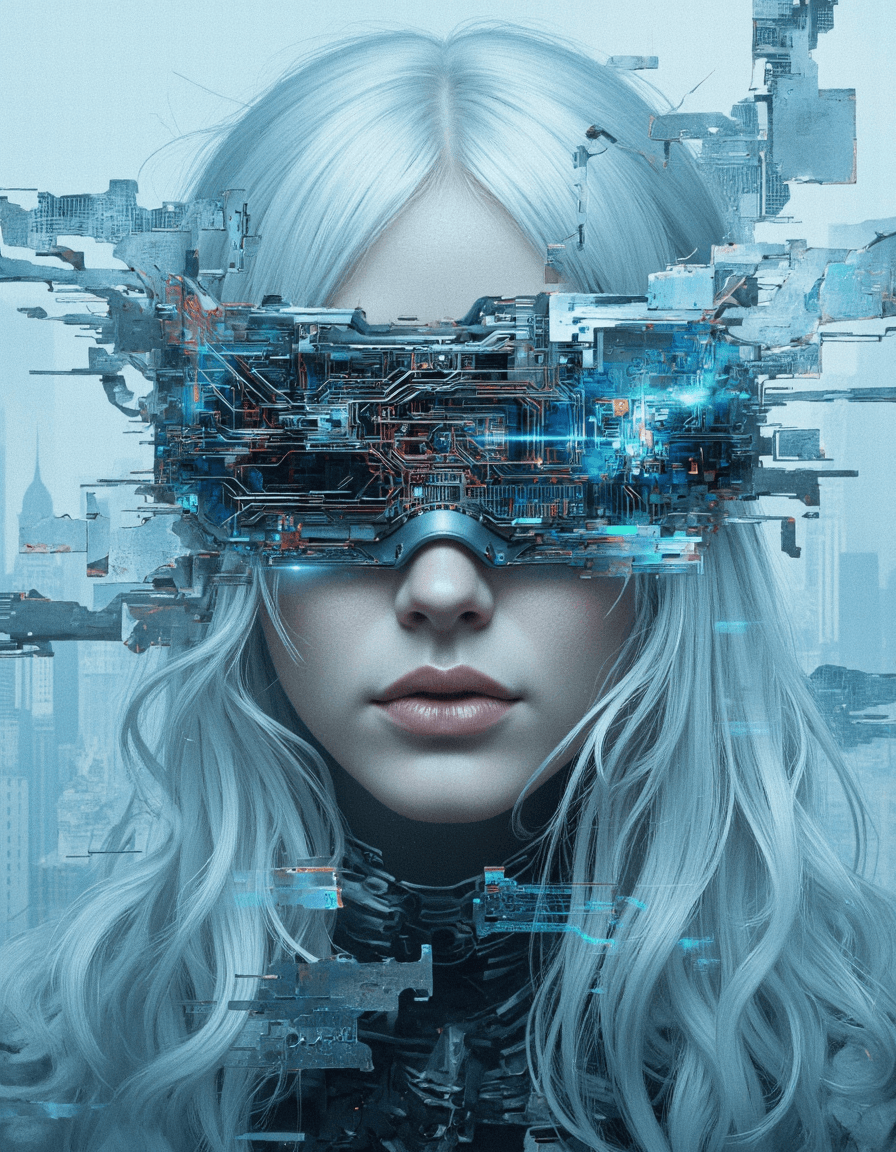 AI generated: A beautiful woman's face partially obscured by a cyberpunk glitch. Ethereal light shines through the...