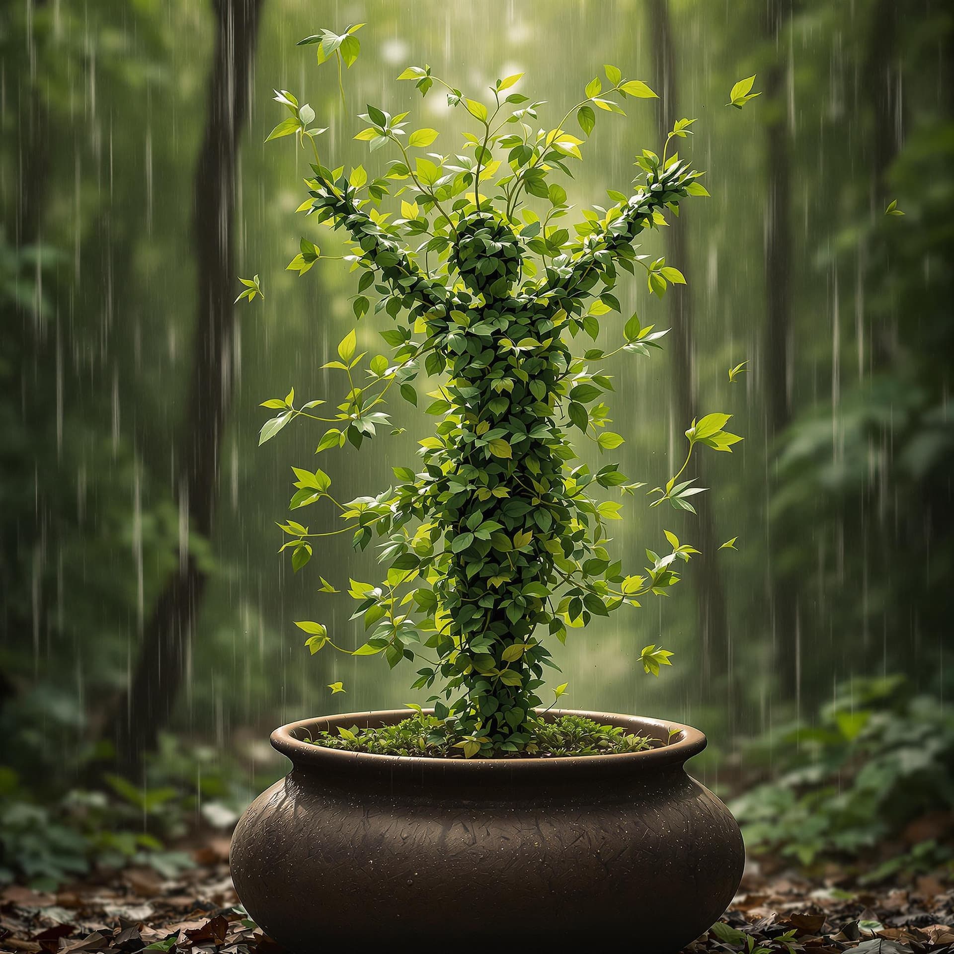 AI generated:  A human like figure rinade of leaves dancing on a pot, forest rain background