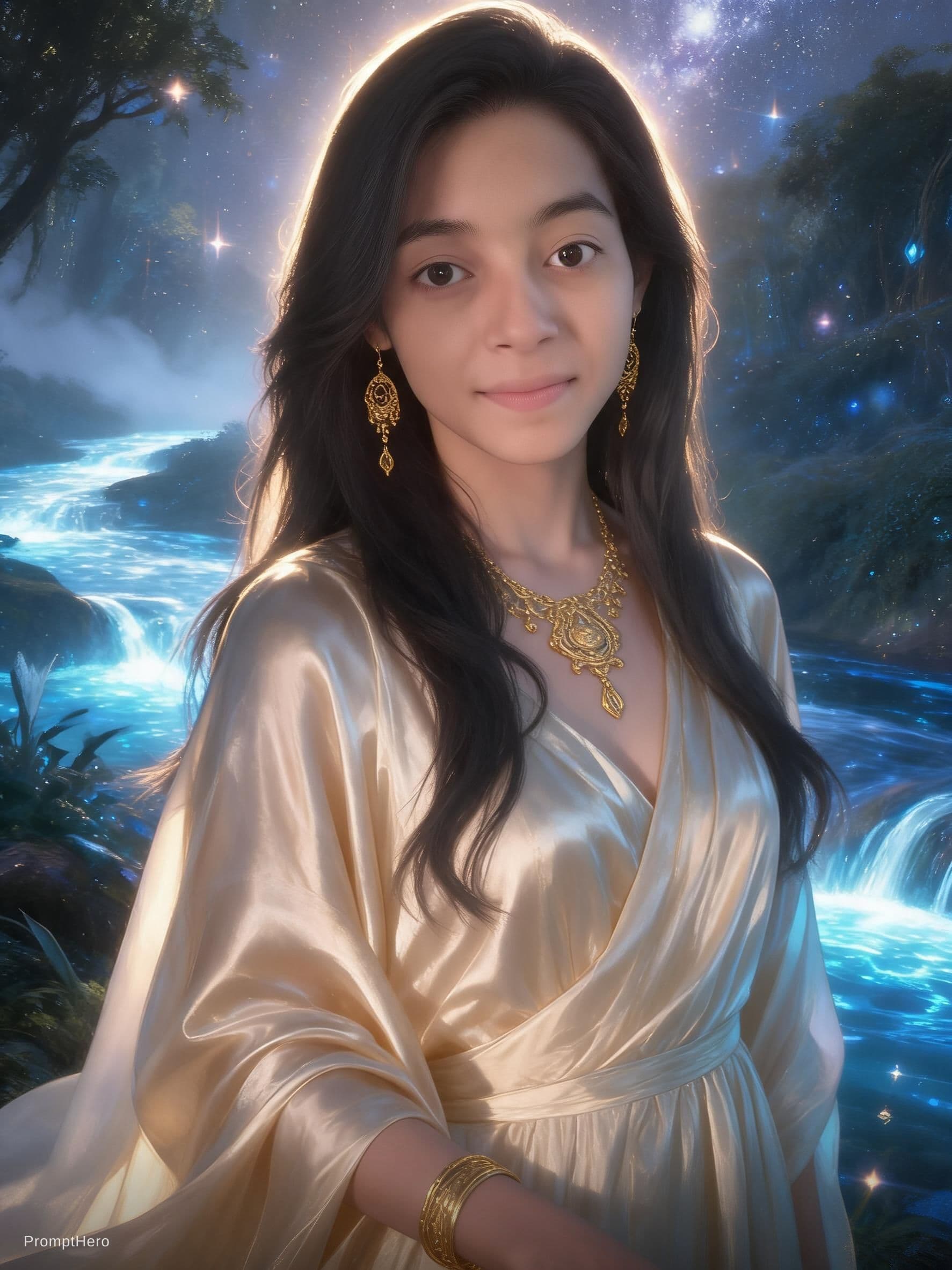 AI generated: "create an image of me, wearing golden jewelry and silk dress, elegant and divine, standing near a g...