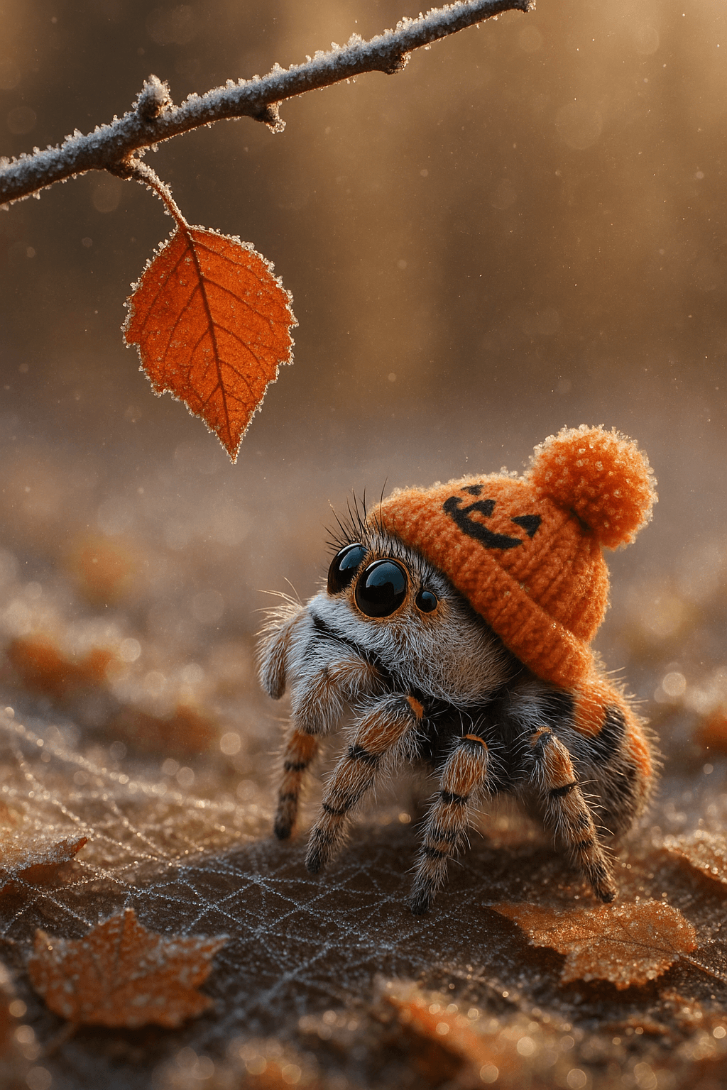 AI generated: fluffy little spider in a knitted hat with a pompom, sitting and looking up at a single leaf hanging...