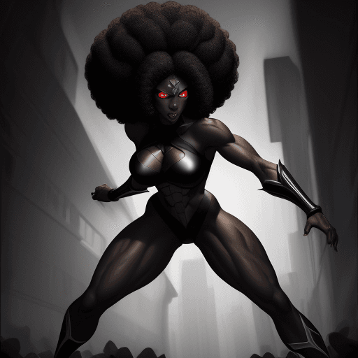 AI generated: a 6 foot tall fit black girl  with abs and an afro,  hairstyle wearing a dark villainess costume ,he...
