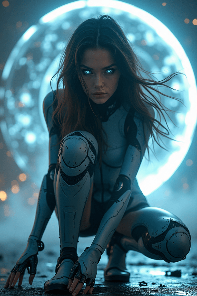 AI generated: In a breathtaking 8K wallpaper, a stunning female android combatant from the future crouches on one ...