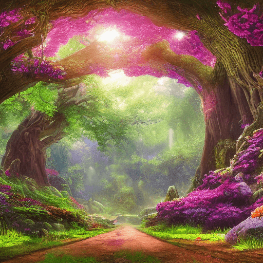 AI generated: a lush forest with colorful flowers and a large oak tree. fantasy, hyper detailed, serene