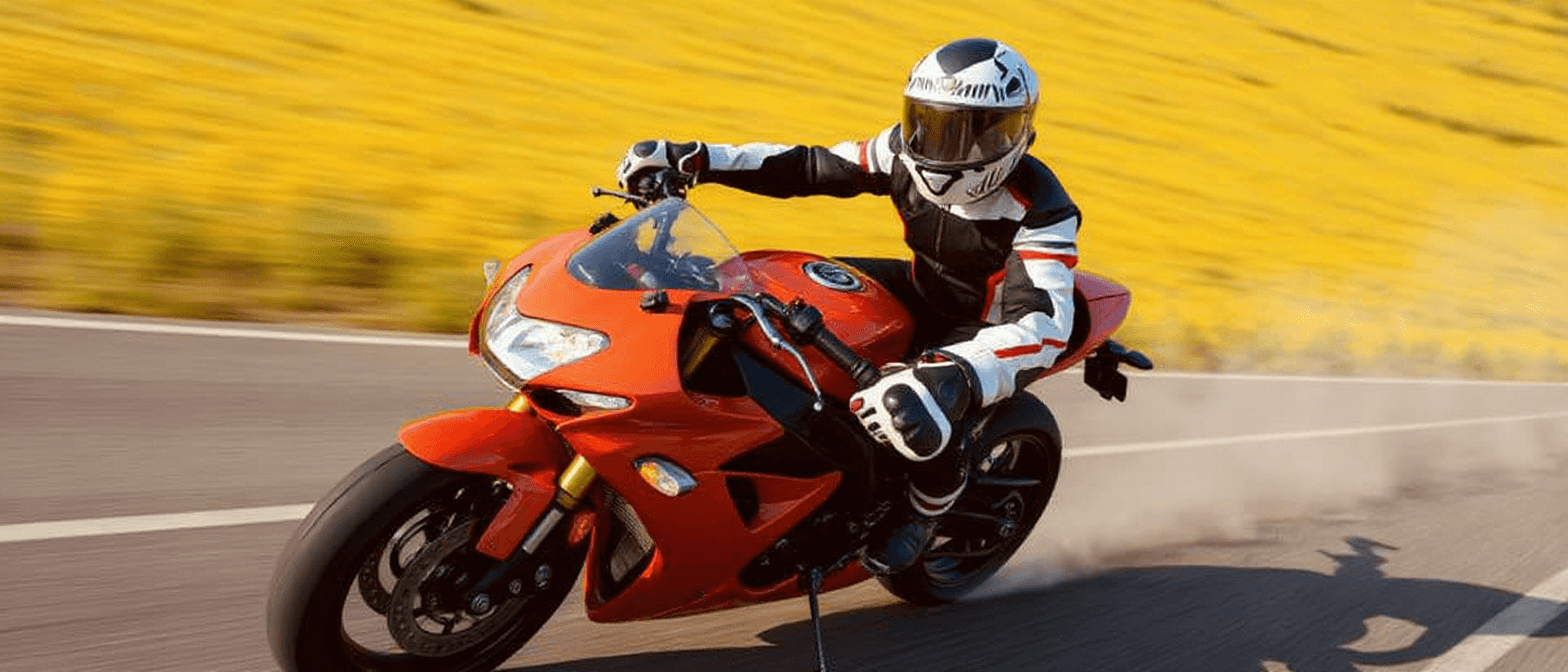 AI generated: photography, dynamic portrait of this biker and bike, vibrant orange and deep blue motion blur effec...