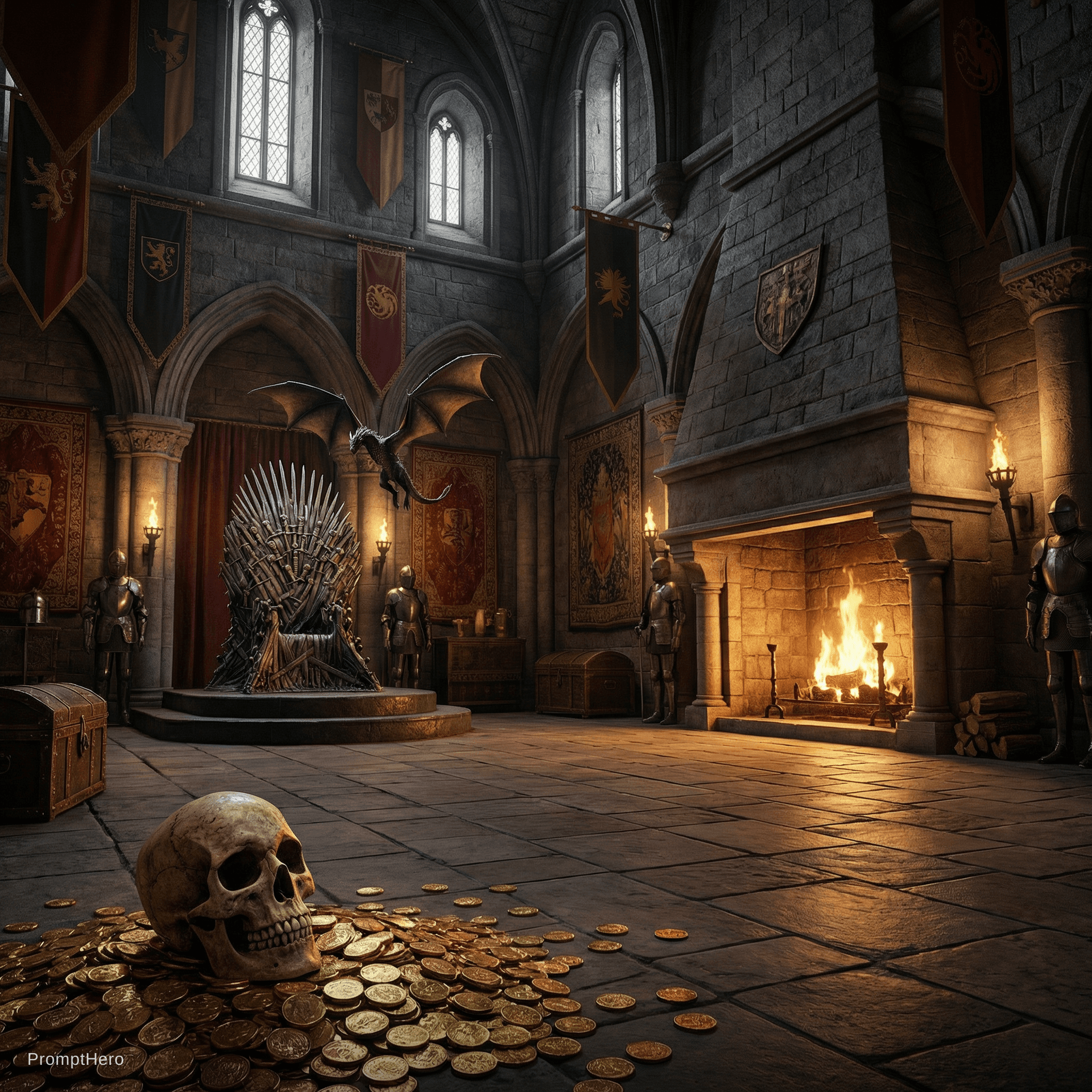 AI generated: CREAR UN ESCENARIO EN EL INTERIOR DE UN CASTILLO DE JUEGO DE TRONOS CON CHIMENEA ENCENDIDA Y UN LUGA...