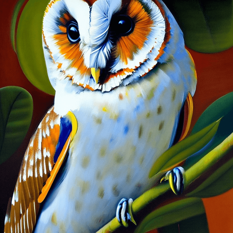 AI generated: Ralistic, ((Masterpiece, best quality)), cute perching barn owl in dream park, Picasso oil painting,...