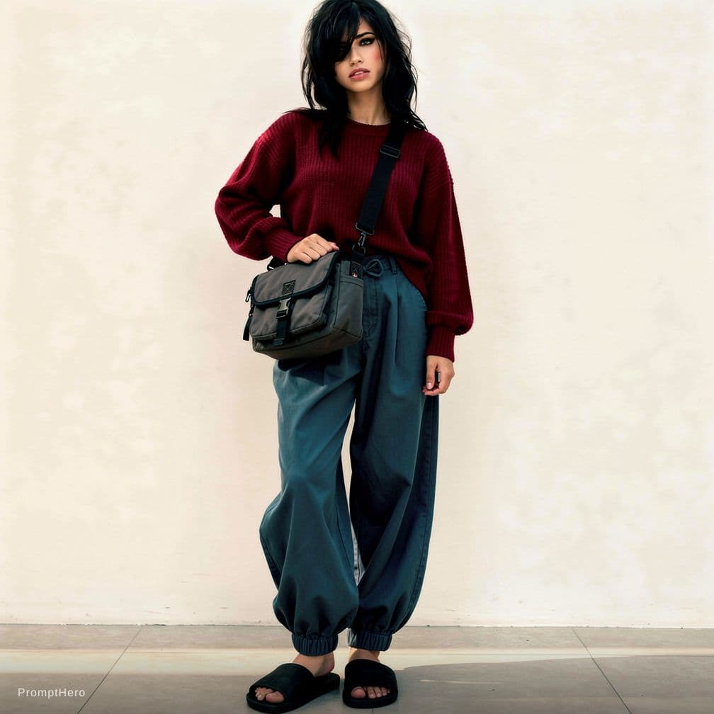 AI generated: A black haired teen wearing a carmine red colored knit sweater, wearing black home slippers, with ba...