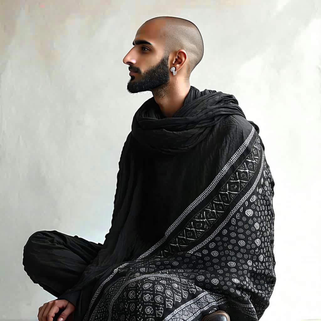 AI generated: The Seated Profile with black sindhi ajrak .a stylish young man with a lean, toned physique (around ...